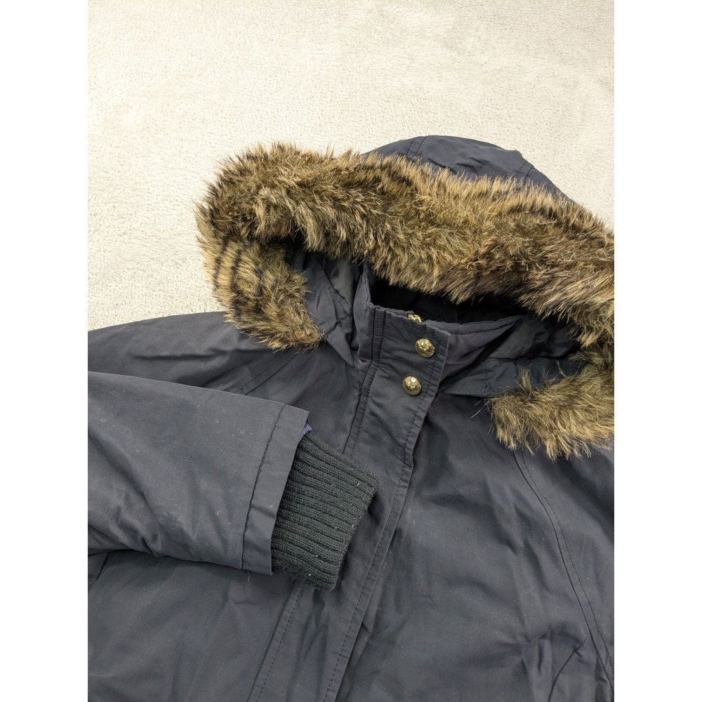 Tommy Hilfiger Navy Blue Faux Fur Hood Parka Jacket Small Pinstripe Lining